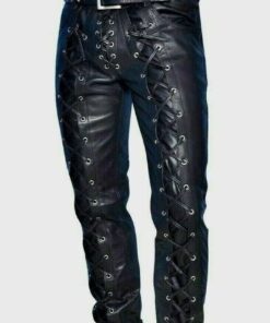Men's Black Genuine Leather Laced Up Bikers Pant, Real Leather Front And Back Laces Motorcycle Pants, Black Leather Laces Pant, Gift For Him