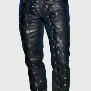 Men's Black Genuine Leather Laced Up Bikers Pant, Real Leather Front And Back Laces Motorcycle Pants, Black Leather Laces Pant, Gift For Him