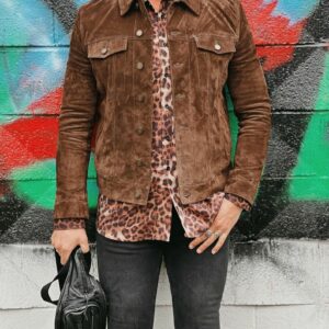 Stylish Men’s Jeans-Style Suede Brown Leather Jacket - Perfect for Casual and Model Looks