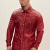 High-Quality Lambskin Red Leather Shirt/Pant with Functional Flap Chest Pockets and unique stitching sprey