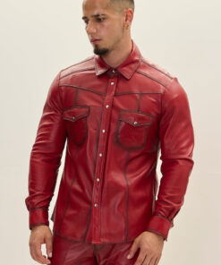 High-Quality Lambskin Red Leather Shirt/Pant with Functional Flap Chest Pockets and unique stitching sprey