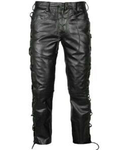 Men's Black Genuine Leather Laced Up Bikers Pant, Real Leather Front And Back Laces Motorcycle Pants, Black Leather Laces Pant, Gift For Him