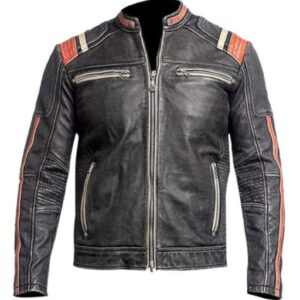 Mens Vintage Cafe Racer Leather Jacket Handmade Distressed Black / Grey Genuine Cowhide Leather Street wear Motorcycle Winter Retro Jacket