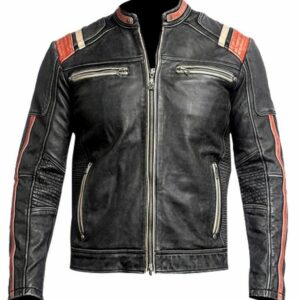 Cafe Racer Retro Distress Black Motorbike Orange Racing Cowhide Leather Jacket