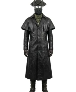 Gothic Hunter Cosplay Costume Set, Black Leather Coat, Horned Hat, Gloves & Boots Complete Outfit
